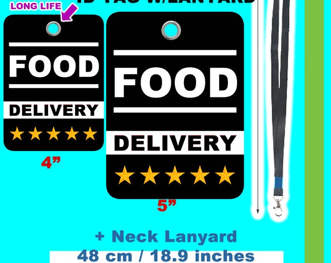 Food Delivery customizable GROMMET tag plus 18" neck lanyard in lightweight waterproof mylar for easy wear and long life in regular or large