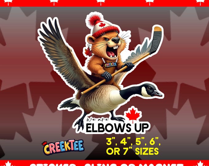 Canadian Elbows Up! Angry Beaver Flying Goose Bumper Sticker, Magnet, Vinyl Sticker, Window Cling, UV Laminate, laptop, water bottle