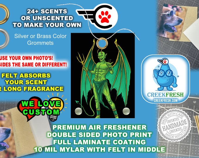 Green Devil - Premium Car Air Freshener Color Print +Felt middle fragrance absorption. Scent or Non-Scent. Both Sides.