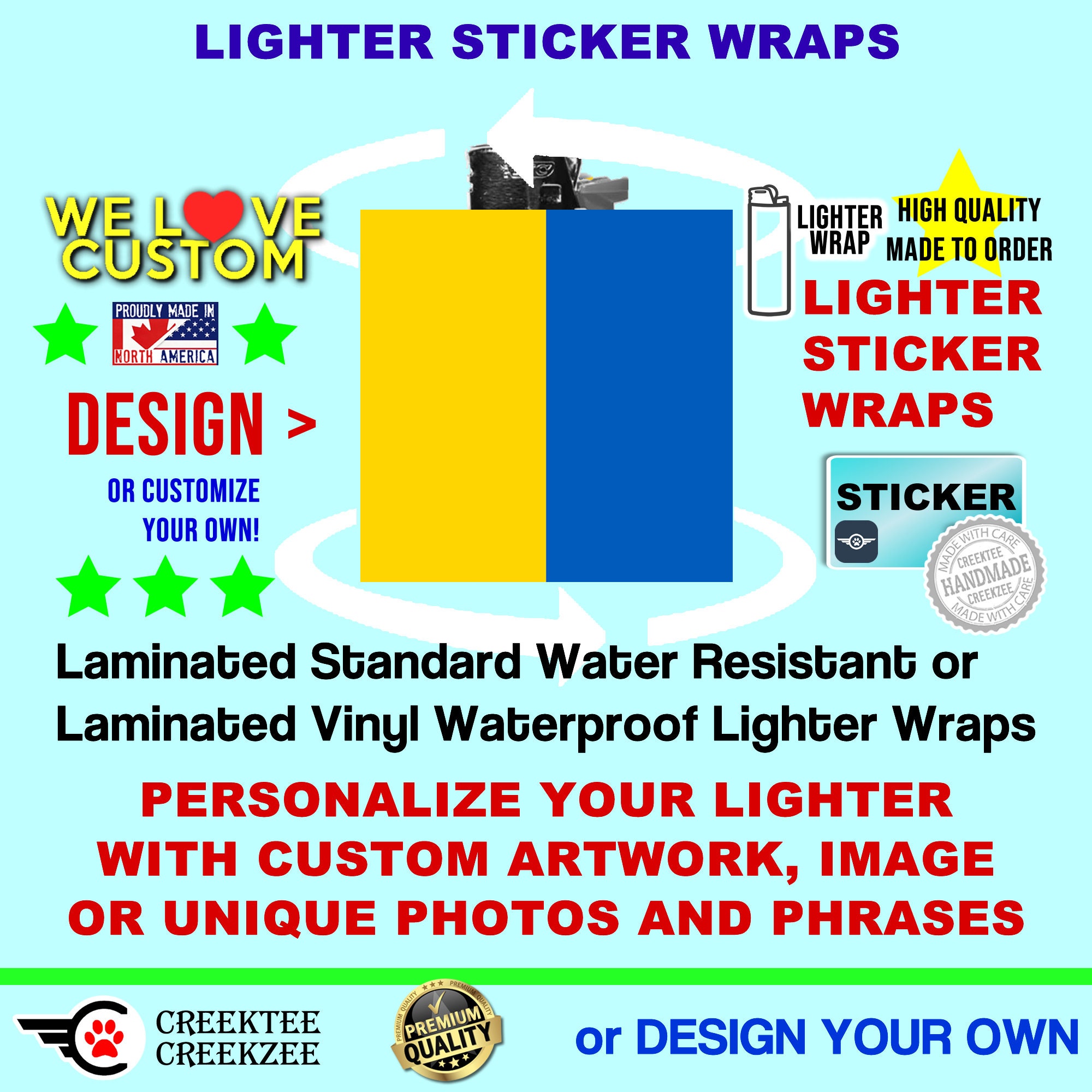 Ukraine 2X Custom Sticker Wrap for Lighter, Waterproof sticker with laminate coating for long durability,  ..sticker only!