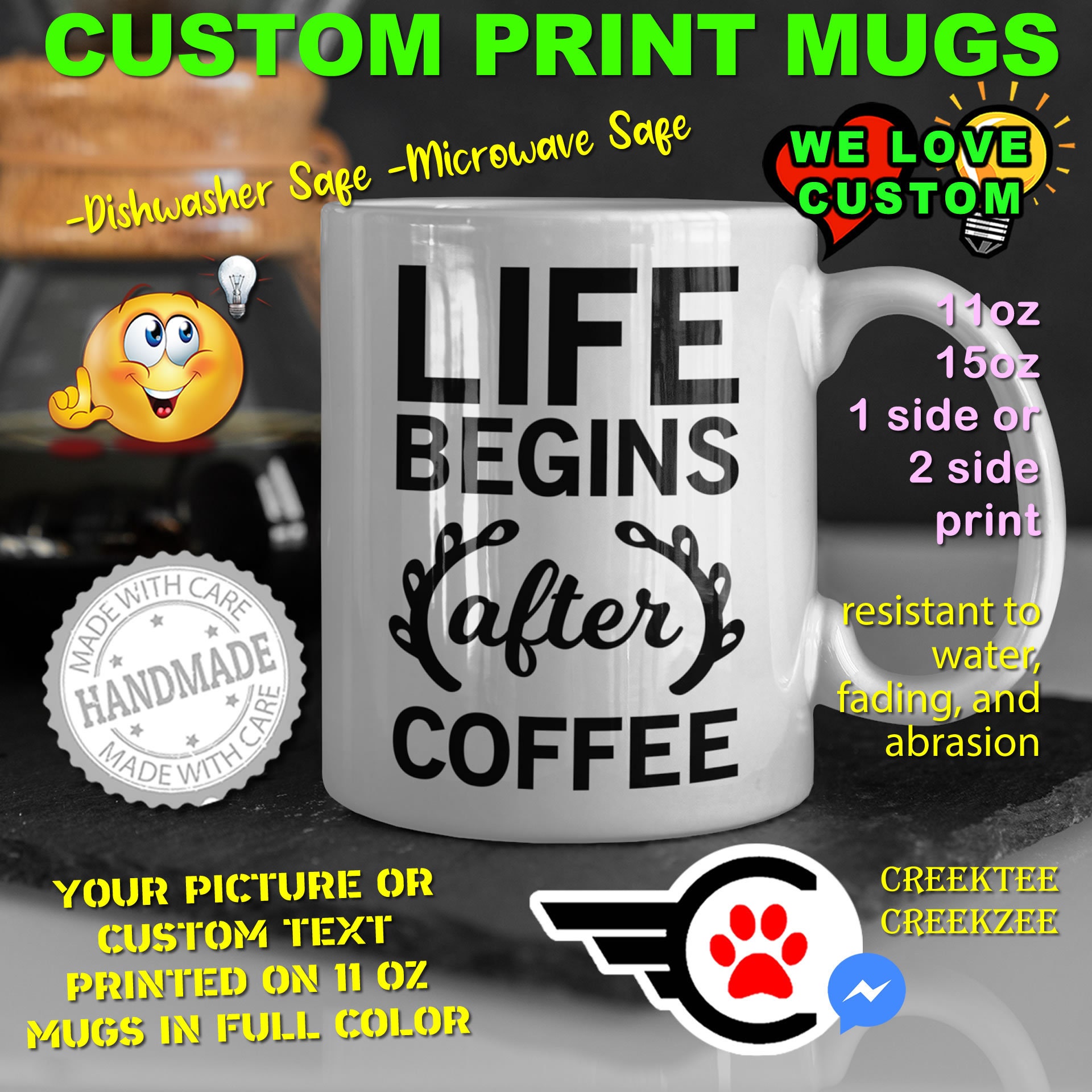 Funny Coffee Mug or Your Logo or Custom Personalized Coffee Mugs, Your photo, image or text printed on a 11 or 15 oz White Mug
