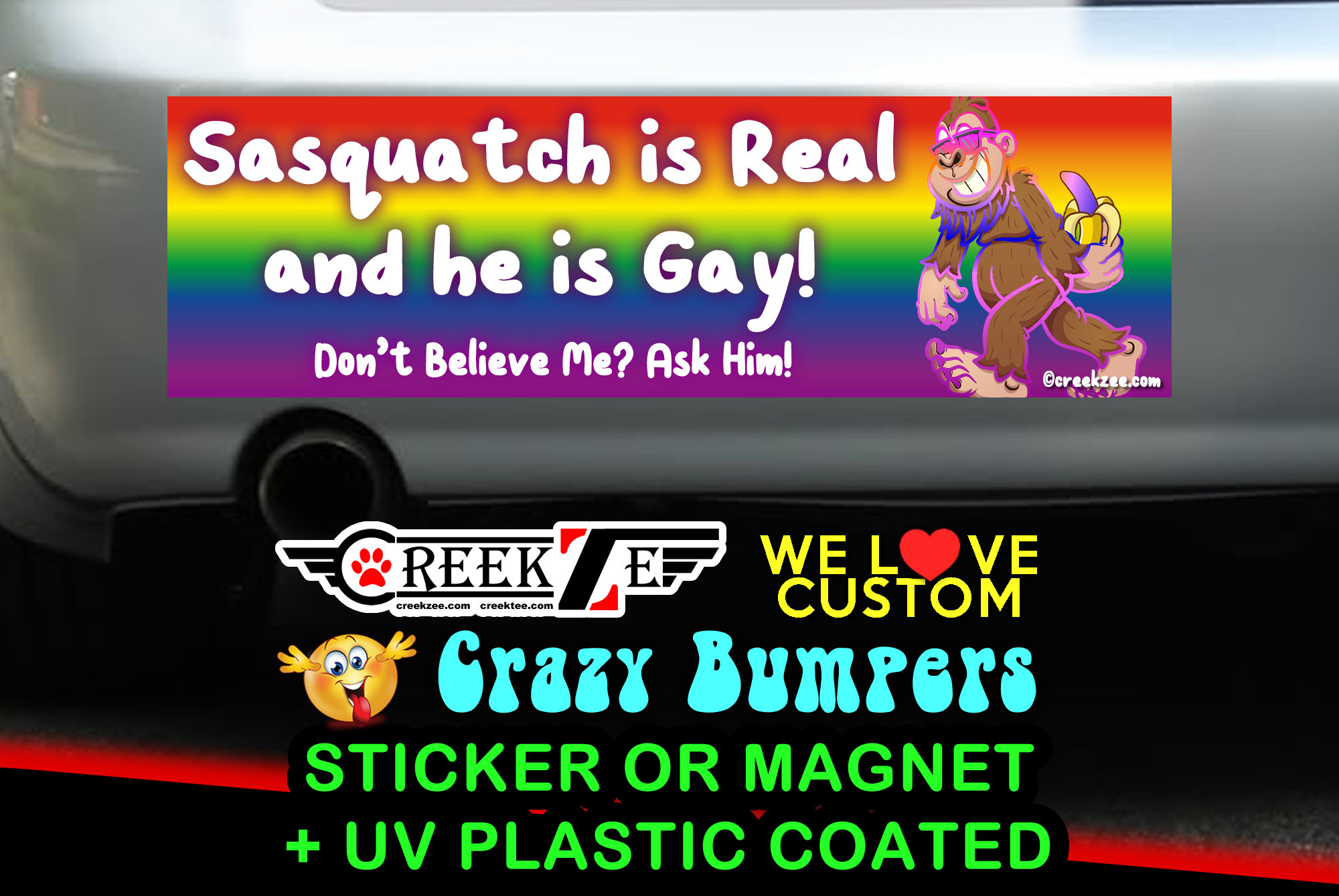 Sasquatch Is Real And He Is Gay - Funny Bumper Sticker or Magnet sizes 4