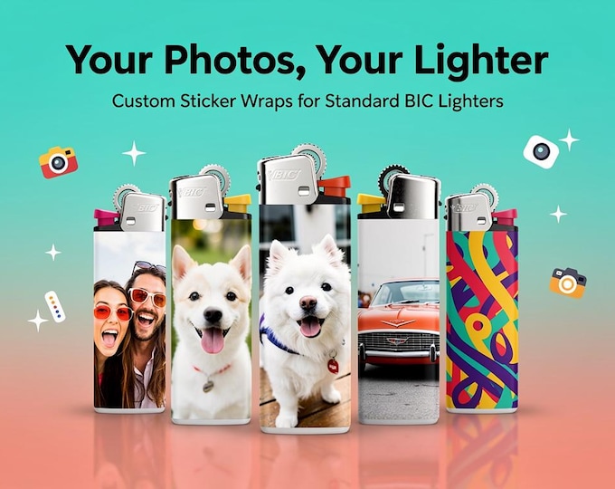 Custom 3x Lighter Sticker Wraps, your photo, text, or images, quantity bundles available, with laminate coating. 3x, 6x, 9x, 18x, 36 plus