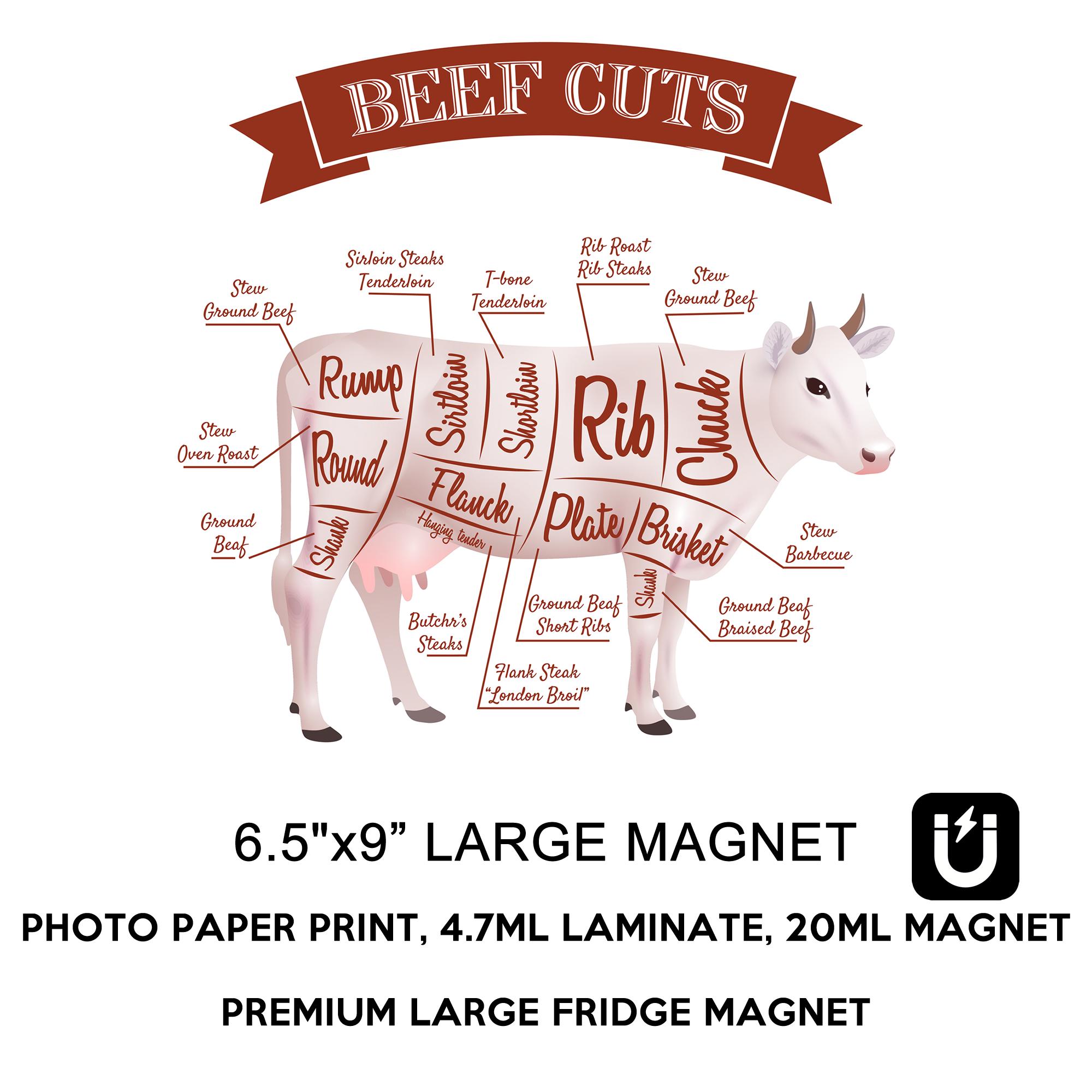 Beef Cut Chart Magnet, Sticker or Window Cling - 6.5 inches by 9 inches or various sizes