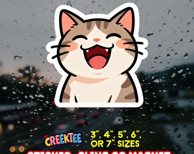 Laughing Cat Vinyl Sticker, Window Cling or Magnet in UV Laminate Coating