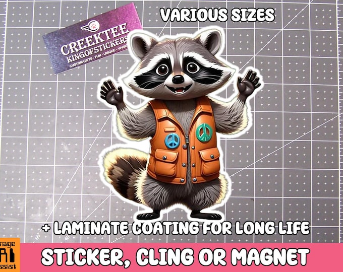 Cute Raccoon Thumbs Up Vinyl Sticker, Window Cling or Magnet in UV Laminate Coating