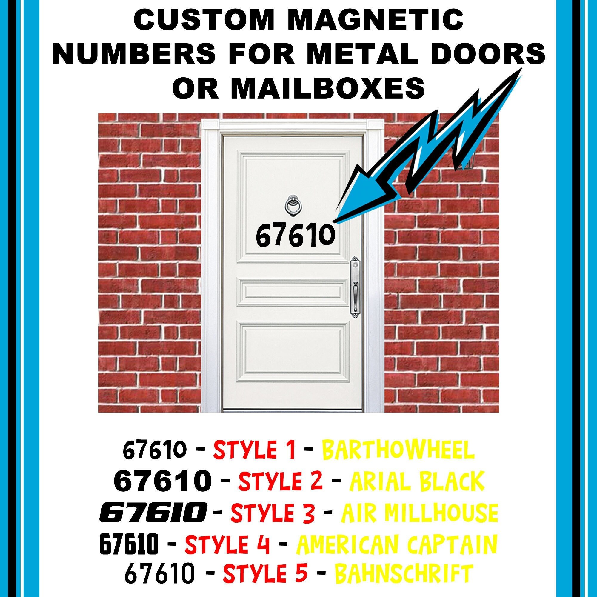 Yellow Reflective Up to 5 Numbers custom magnet in various font style for front doors, mailboxes, garage door, sizes up to 6 inches high