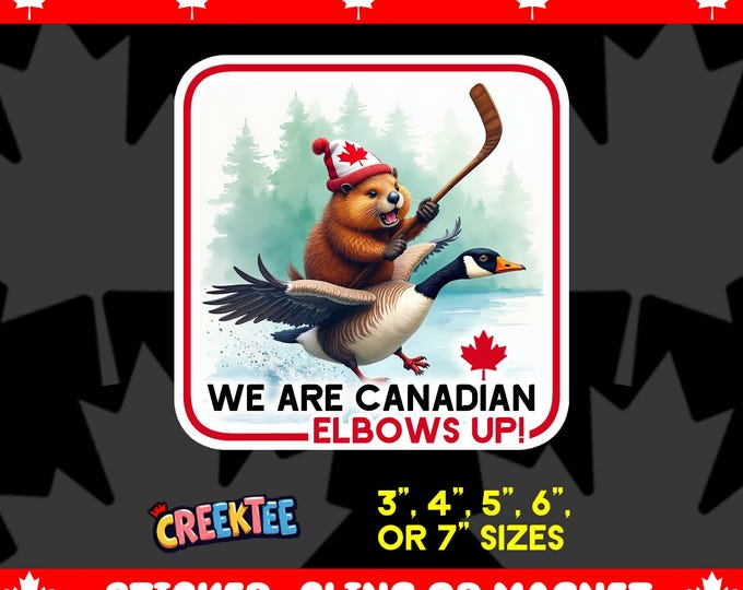 Elbows Up! Canadian Angry Beaver Riding Snowmobile Bumper Sticker, Magnet, Vinyl Sticker or Window Cling, UV Laminate, laptop, water bottle