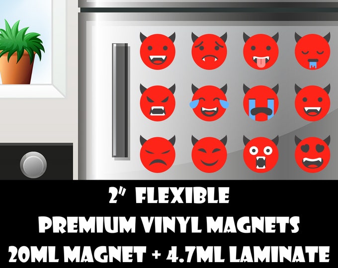 12 2inch devil emoji fridge magnets or stickers standard, photo or vinyl print materials with laminate or magnet options available.