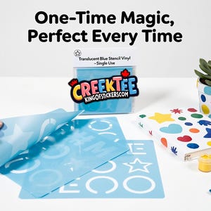 May include: A light blue stencil sheet with various shapes and letters is being peeled back, revealing the design. A package of translucent blue stencil vinyl is in the background. The text "One-Time Magic, Perfect Every Time" is at the top.
