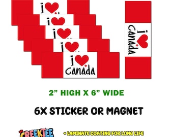 6x Pack, I Love Canada Bumper Sticker, Magnet, Vinyl Sticker or Magnet in UV Laminate Coating, 2 inches by 6 inches