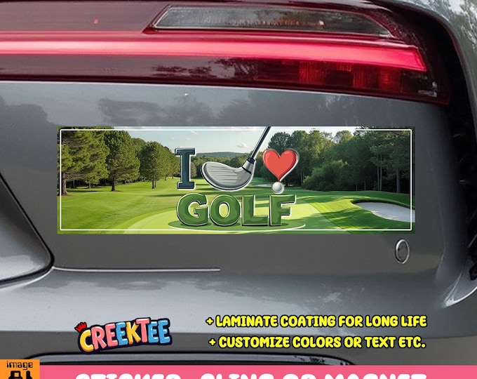 I Love Golf Bumper Sticker, Magnet, Vinyl Sticker, Window Cling or Magnet in UV Laminate Coating