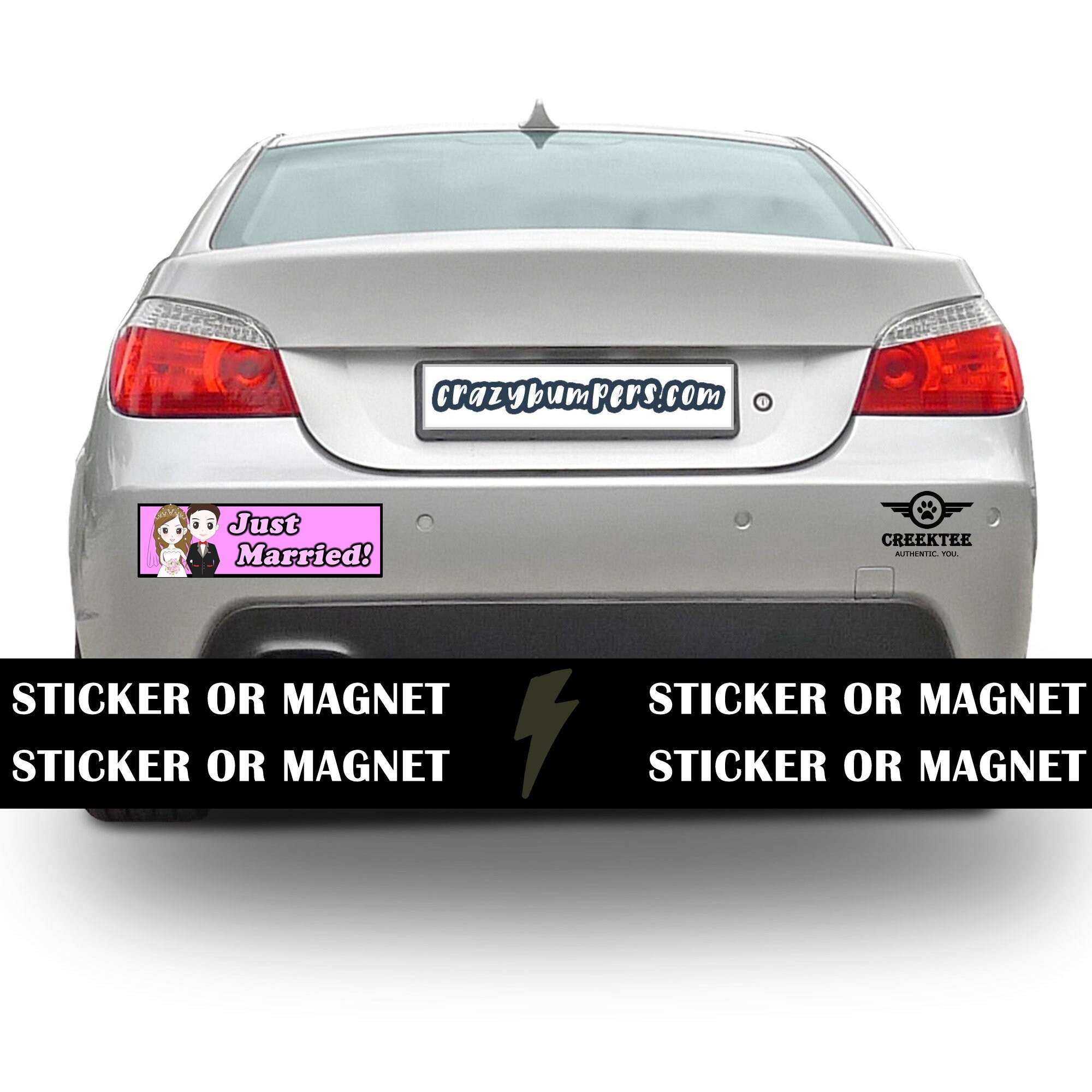 Just Married Bumper Sticker 10 x 3 Bumper Sticker or Magnetic Bumper Sticker Available - Custom changes and orders welcomed! Just Married Bumper Sticker 10 x 3 Bumper Sticker or Magnetic Bumper Sticker Available - Custom changes and orders welcomed!