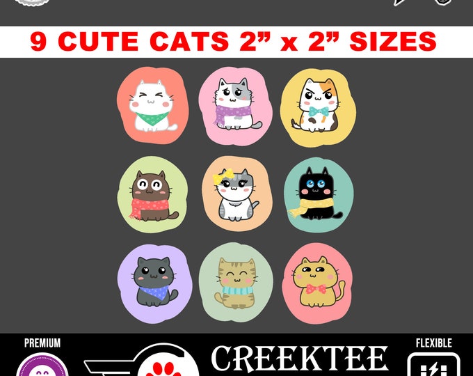 9 CUTE CATS 2" x 2" sizes of magnets or stickers with optional laminate coating