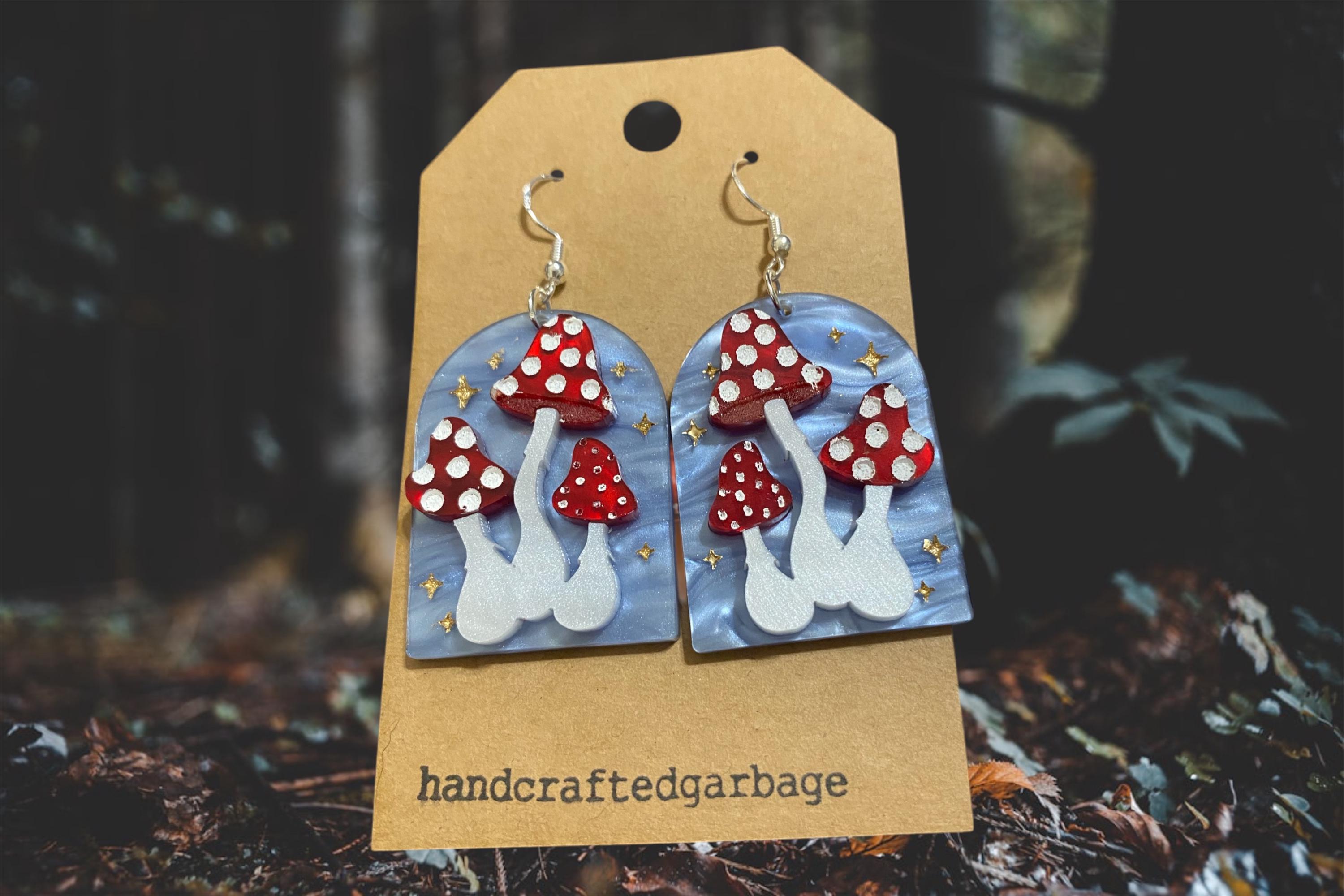 Mystic mushroom layered 3D acrylic earring. Statement earrings, hand painted,mosses cut, handmade, ready to ship gift