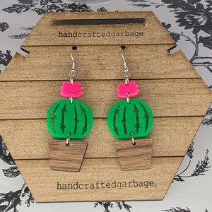 Potted cactus laser cut acrylic wood earring, dangle drop. handmade,3 piece ready to ship gift cactus bloom