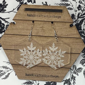 Snowflake earring, clear acrylic, engraved, laser, dangle, winter, ready to ship, gift
