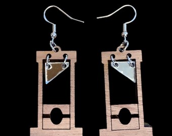 Laser cut and engraved guillotine  earring. Dangle earring, handmade, Halloween wood, black acrylic, mirror acrylic
