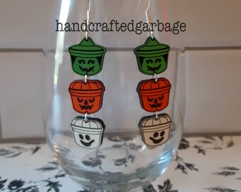 Halloween bucket earring, 3 piece dangles sublimation laser cut ready to ship witch ghost pumpkin