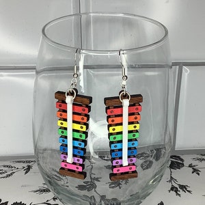 Xylophone dangle drop earring, laser cut, wood and acrylic. handmade painted fun unique gift ready to ship