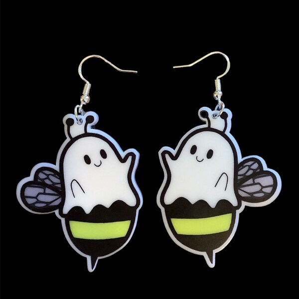 Boo bee ghost earring, dangle drop, ready to ship, handmade, acrylic, fun, unique, gift, halloween