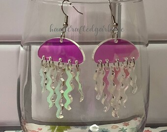 Jellyfish earring. Laser cut and engraved. Iridescent acrylic. Dangle drop earring. Ready to ship