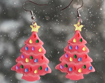 Pink Christmas tree earring. Inspired by vintage ceramic tree decor. Dangle earring, Laser cut and engraved, hand painted.