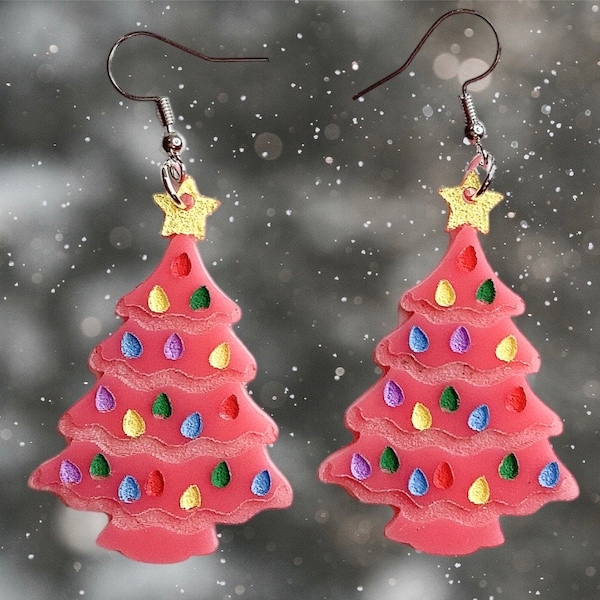 Pink Christmas tree earring. Inspired by vintage ceramic tree decor. Dangle earring, Laser cut and engraved, hand painted.