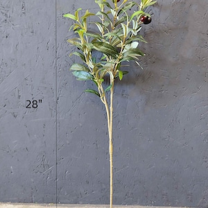 May include: A 28-inch artificial olive branch with green leaves and black olives. The branch is on a gray background.