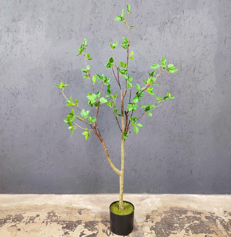 May include: A small artificial tree with green leaves and brown branches in a black pot with green moss.