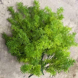 May include: A bunch of green artificial greenery sprigs. The sprigs are made of a soft, feathery material and are perfect for adding a touch of nature to any space.