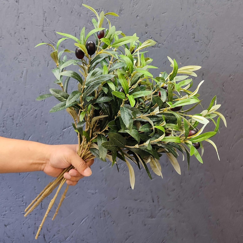 May include: A bunch of artificial olive branches with green leaves and dark purple olives.