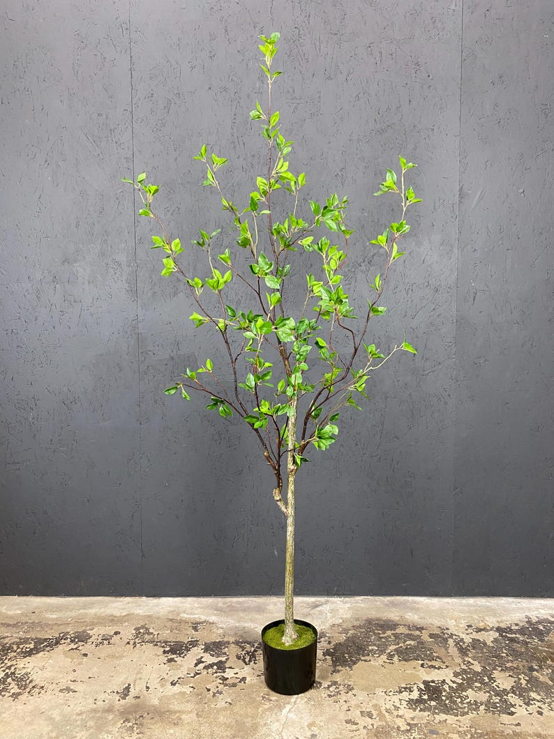 May include: A tall artificial tree with green leaves and a brown trunk in a black pot. The tree is standing on a concrete floor in front of a gray wall.
