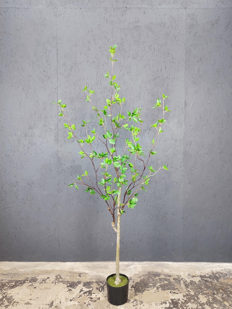 May include: A green artificial tree with a brown trunk in a black pot. The tree is in front of a gray wall.