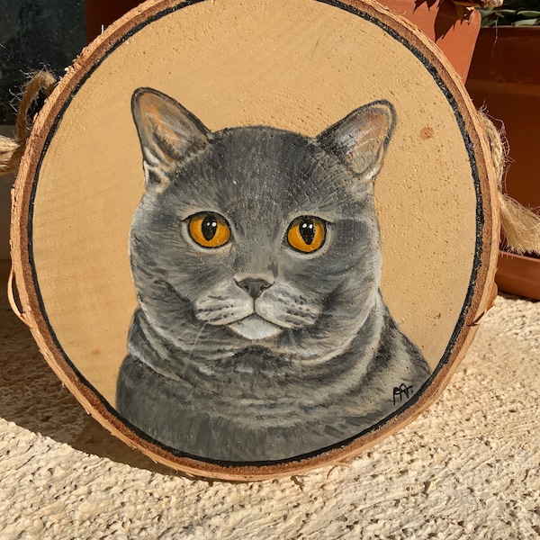 Chat chartreux peint sur bois