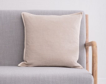 Linen Pillow Cover. Washed linen pillowcase with pom-poms. Stylish custom size linen pillow for living room.