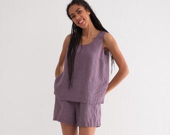 Linen Pajama, Linen Pajama set - Tank Top and Shorts, Linen Nightwear