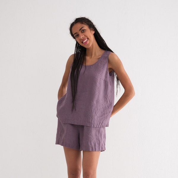 Linen Pajama, Linen Pajama set - Tank Top and Shorts, Linen Nightwear