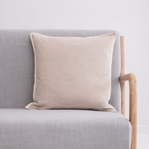 Linen Pillow Cover. Washed linen pillowcase with pom-poms. Stylish custom size linen pillow for living room.