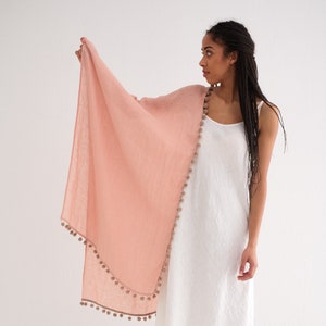 Linen Scarf. Linen Shawl.  Linen Scarf with Pom-Pom trim. Paradise Peach Linen Scarf.