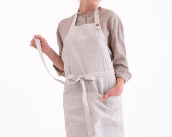 Classic Linen Apron, Soft Linen Kitchen Apron, Striped Apron, Linen Gift