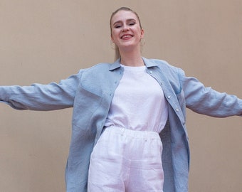 Linen Shirt, Washed Soft Linen Blouse, Women Shirt with Buttons Fastening Through Front