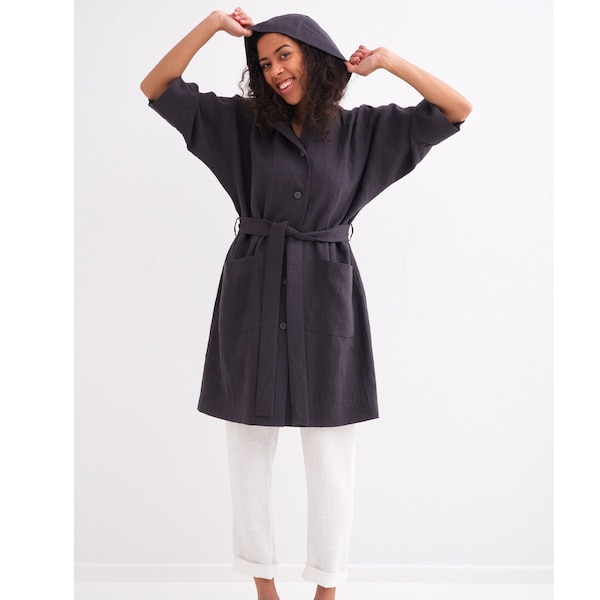 Linen Coat, Linen Hooded Coat, Kimono Linen Coat with Pockets