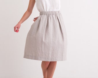 Linen Skirt, Linen Skirt with Pockets, Pleated Elastic Waist Linen Skirt