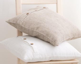 Linen Decorative Pillow Case, Linen Cushion Cover with Button, Waffle Linen Pillow Case,Natural Linen Pillow Cover