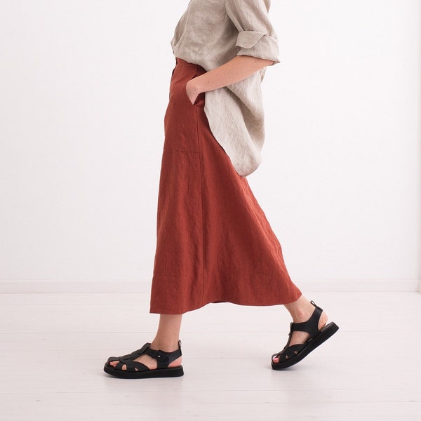 Linen Skirt, Natural Linen skirt, Washed Linen skirt, Midi Linen Skirt, High Waist Linen Skirt