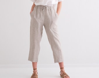 Linen Trousers, Softened, Washed Linen Women's Pants, Elegant, Classic, Elastic Waist Trousers with Pockets