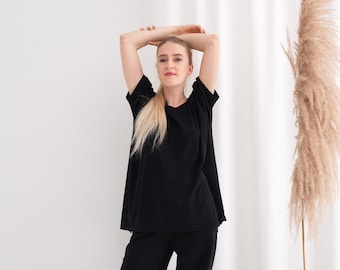 Cotton Jersey T-shirt. Loose fit women cotton T-shirt. Black T-shirt, Loose Fit T-shirt