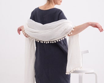 Linen Scarf. Linen Shawl.  Linen Scarf with Pom-Pom trim.