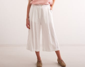 Women Linen Trousers, Softened, Washed Linen Women's Capri Pants, Comfortable Wide Leg Trousers with Pockets and Elastic Waist